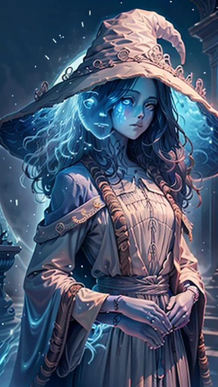 Luna Ranni a woman dressed as a witch , , alphonse mucha and rossdraws, glowing blue, priestess in a conical hat, cgsociety, half body, upper body, pale blue skin, blue flowing long hair, four arm, good anatomy hand, five fingers hand, detailed clothes, glowing eyes,