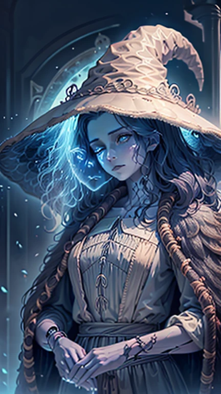 Luna Ranni a woman dressed as a witch , , alphonse mucha and rossdraws, glowing blue, priestess in a conical hat, cgsociety, half body, upper body, pale blue skin, blue flowing long hair, four arm, good anatomy hand, five fingers hand, detailed clothes, glowing eyes,