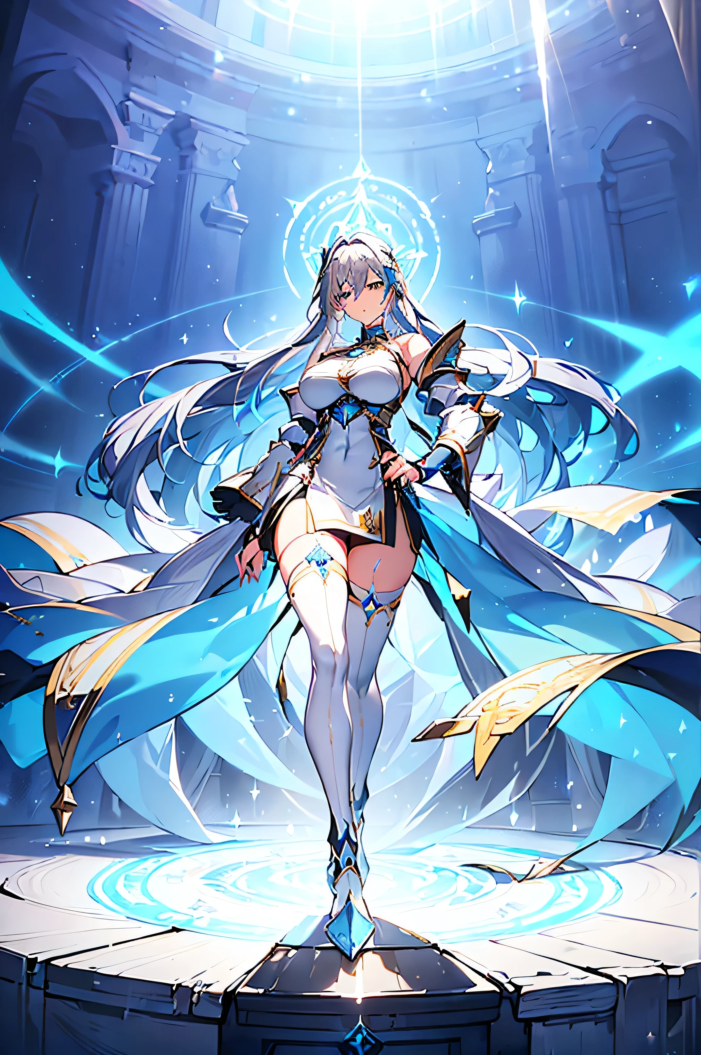 (masterpiece, best quality:1.2), perfect eyes, perfect face, ultra detailed face , strong make up, highres, 1 girl, solo, make up, (female:1.5),satin, white anciente greek clothes, sleeveless turtleneck, bracer, evil smile, standing, portrait, looking at viewer, giant sword on the back, long leather boots, fullbody shot