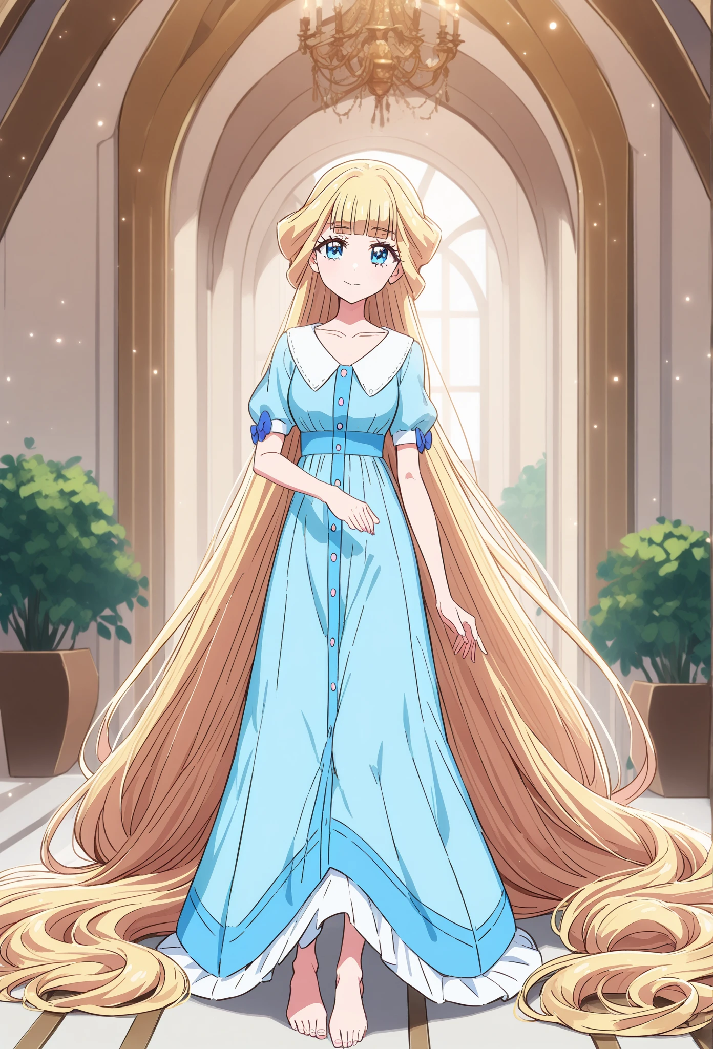 1girl, nekoyashiki yuki, wonderful precure!,solo, absurdly long hair, blonde hair, blue eyes, cowboy shot, looking at viewer, light smile, castle room, closed mouth, barefoot, light blue princess dress, short puffy sleeves, big breasts, floor length hair, Her hair trails behind her, brushing against the floor and filling the room best quality, very aesthetic, absurdres