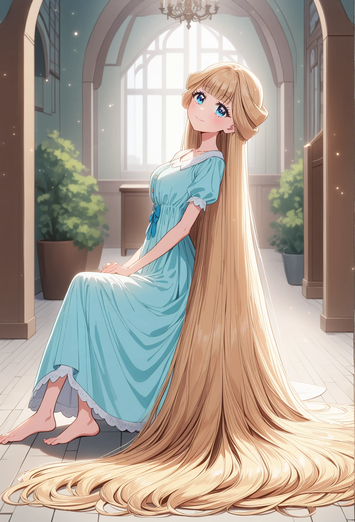 1girl, nekoyashiki yuki, wonderful precure!,solo, absurdly long hair, blonde hair, blue eyes, cowboy shot, looking at viewer, light smile, castle room, closed mouth, barefoot, light blue princess dress, short puffy sleeves, big breasts, floor length hair, Her hair trails behind her, brushing against the floor and filling the room best quality, very aesthetic, absurdres