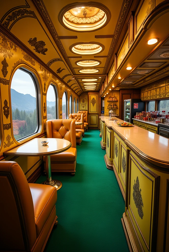  A detailed realistic photo of a train car ,  the wagon has a plush green carpet ,  the painting of the wagon is yellow with images of animals from the movie Lion King ,   in this car there is a snack bar with several beautiful tables and chairs decorated in plush , The glass windows where you can see the mountains ,  everything in the decoration refers to the Lion King movie ,  where there is also a refrigerator and a beautiful counter with several goodies 