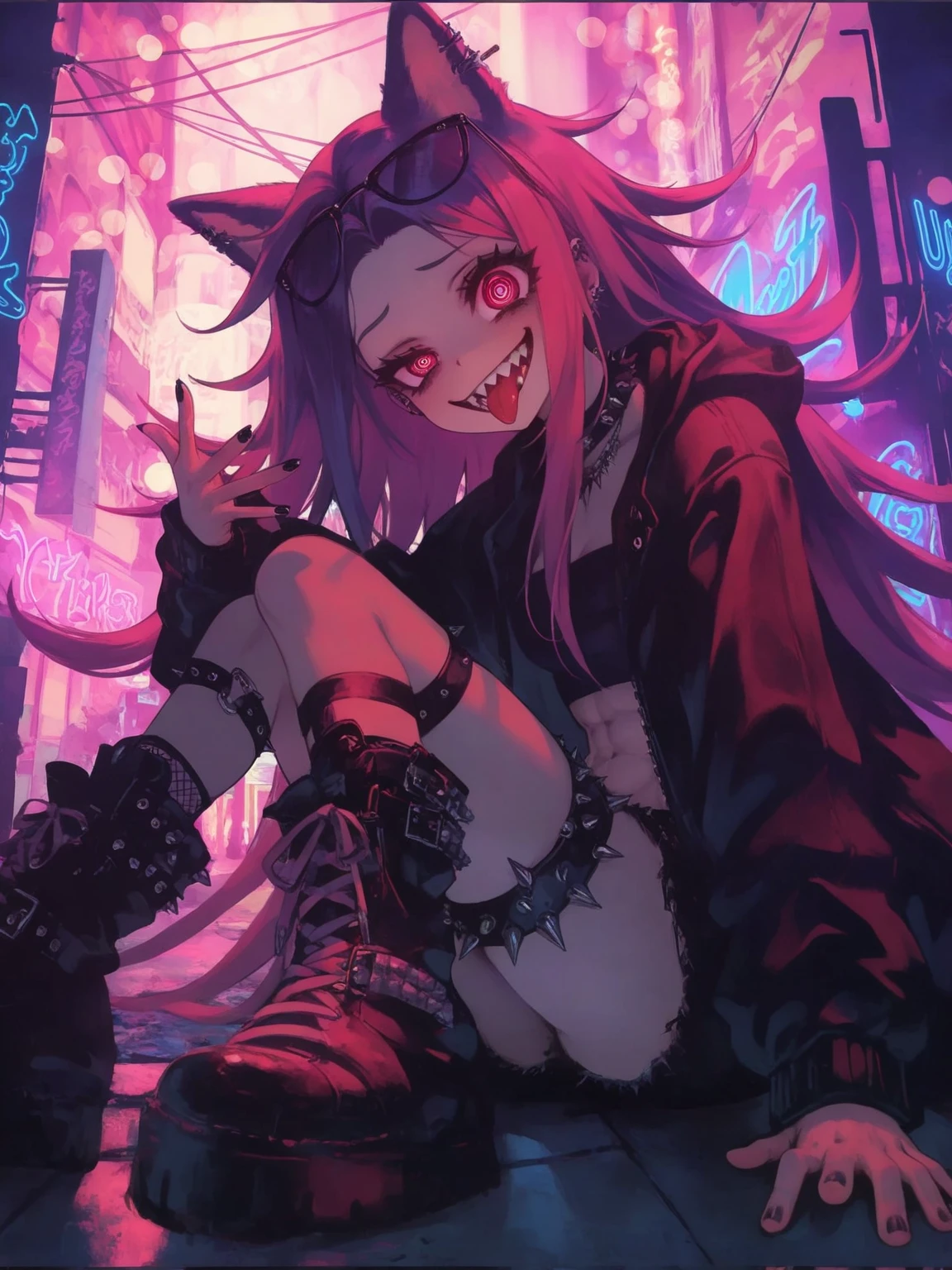 1girl,fluffy cat-ear,cute,evil smile,sharp teeth, tongue out, red eye, detailed eye, spiral pupils, eyes shining,beautiful hands, (anatomically correct hands:1.3), big eyes, punk fashion, tube top, hot pants, stomach shown, (abs:0.8), black short jacket,dynamic pose,bangs,mad,tatoo at stomach. background,outside, noisy city, backstreet, narrow street, neon lights, at night, rough touch, (bokeh)