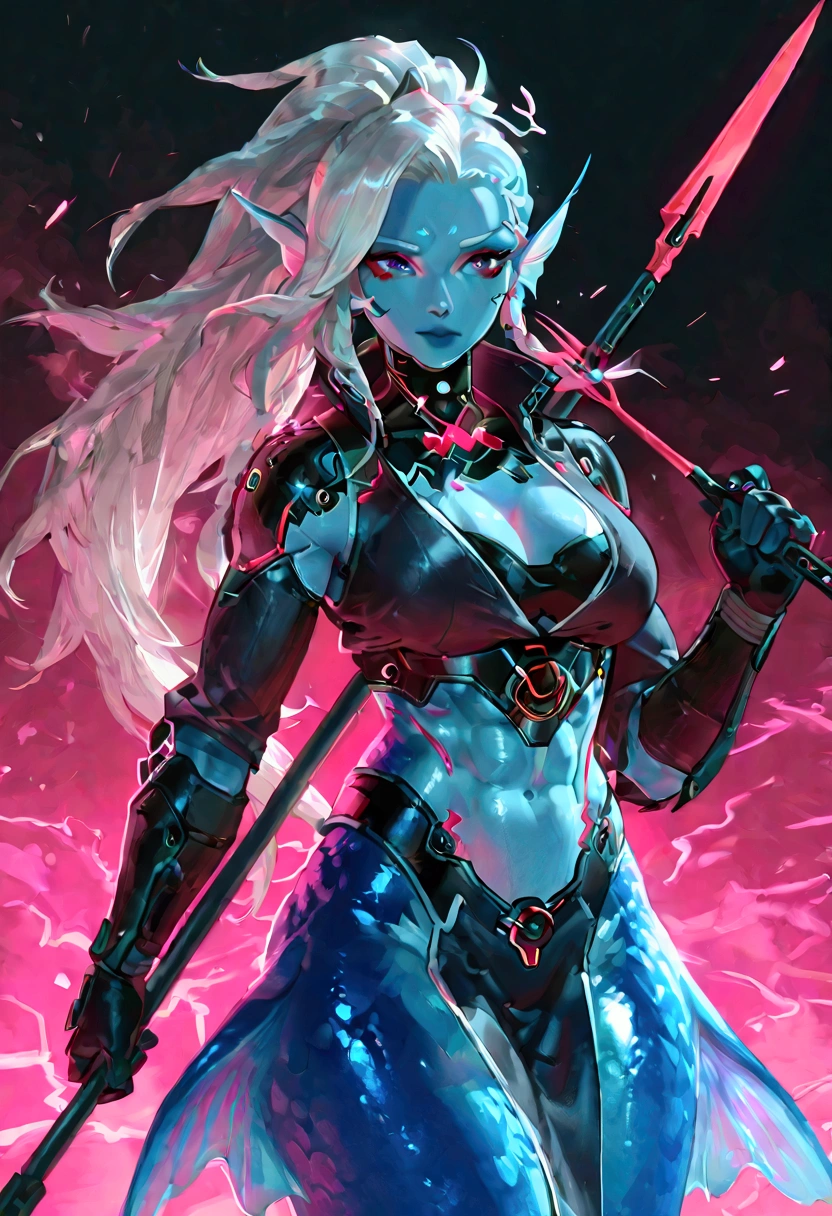 Female merfolk ninja, wearing ninja clothes, cyberpunk, sexy, well-toned abs, wielding a tuning fork shaped spear up across her chest