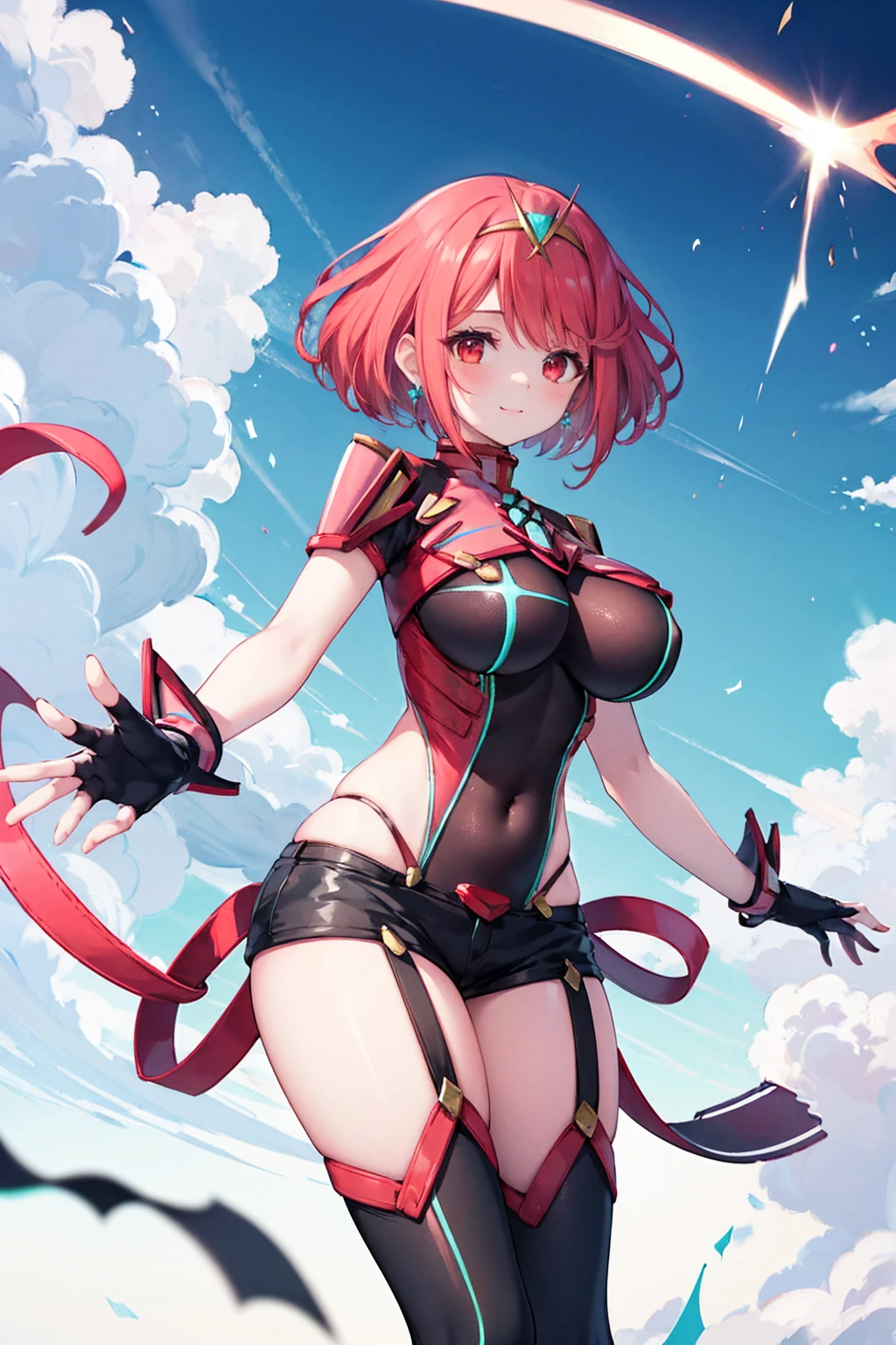 score_9, score_8_up, score_7_up, source_anime, rating_safe, BREAK pyra \(xenoblade\), 1girl, red hair, short hair, swept bangs, bob cut, red eyes, large breasts, tiara, earrings, chest jewel, backless outfit, bodysuit, covered navel, neon trim, clothing cutout, short sleeves, fingerless gloves, black gloves, short shorts, red footwear, thigh boots, floating, dutch angle, light smile, eye focus, closed mouth, looking at viewer, facing viewer, reaching towards viewer, outstretched arms, wind, floating hair, fire, aura, lightning, light particles, light rays, blue sky, cloud, sunlight, lens flare