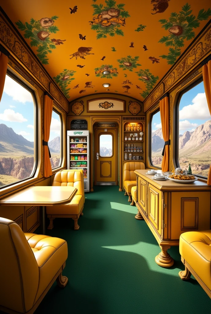   A realistic detailed photo of a train car  ,   the wagon has a cute green carpet  ,   the painting of the car is yellow with images of animals from the movie The Lion King  ,  Just like the roof of this  , car there is a snack bar with several beautiful tables and chairs decorated in plush ,  The glass windows where you can see the mountains  ,   everything in the decoration refers to the movie The Lion King  ,   where there is also a refrigerator and a beautiful counter with various delicacies  