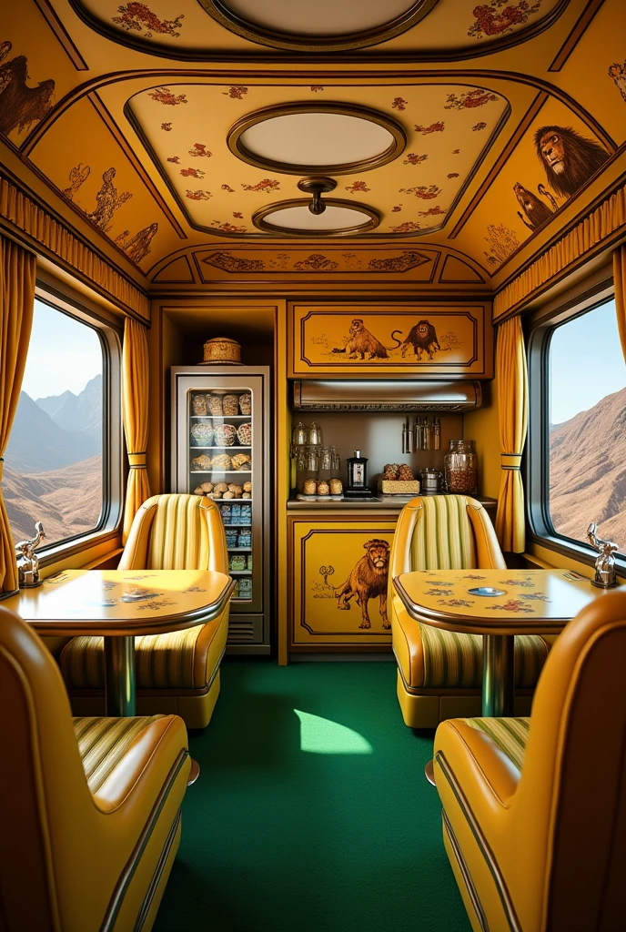   A realistic detailed photo of a train car  ,   the wagon has a cute green carpet  ,   the painting of the car is yellow with images of animals from the movie The Lion King  ,  Just like the roof of this  , car there is a snack bar with several beautiful tables and chairs decorated in plush ,  The glass windows where you can see the mountains  ,   everything in the decoration refers to the movie The Lion King  ,   where there is also a refrigerator and a beautiful counter with various delicacies  