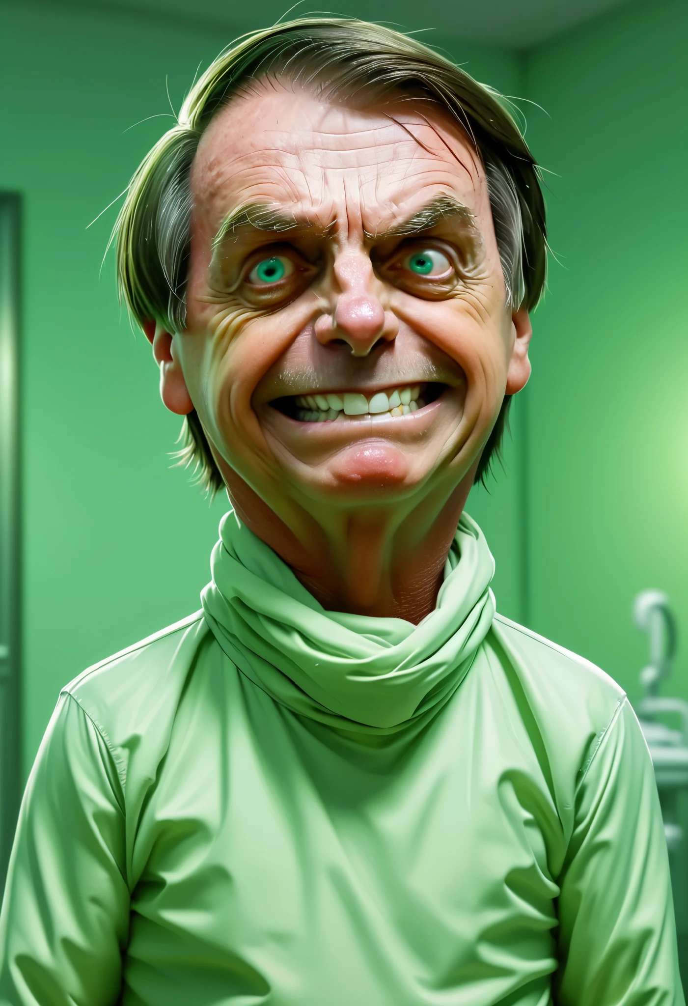 a full-body cartoon caricature of Bolsonaro wearing straitjacket in a psychiatric hospital, crossed arm, drooling, facial expression of madness, portrait, exaggerated features with a large nose and big eyes, realistic, detailed, glowing green lighting, 4K. 