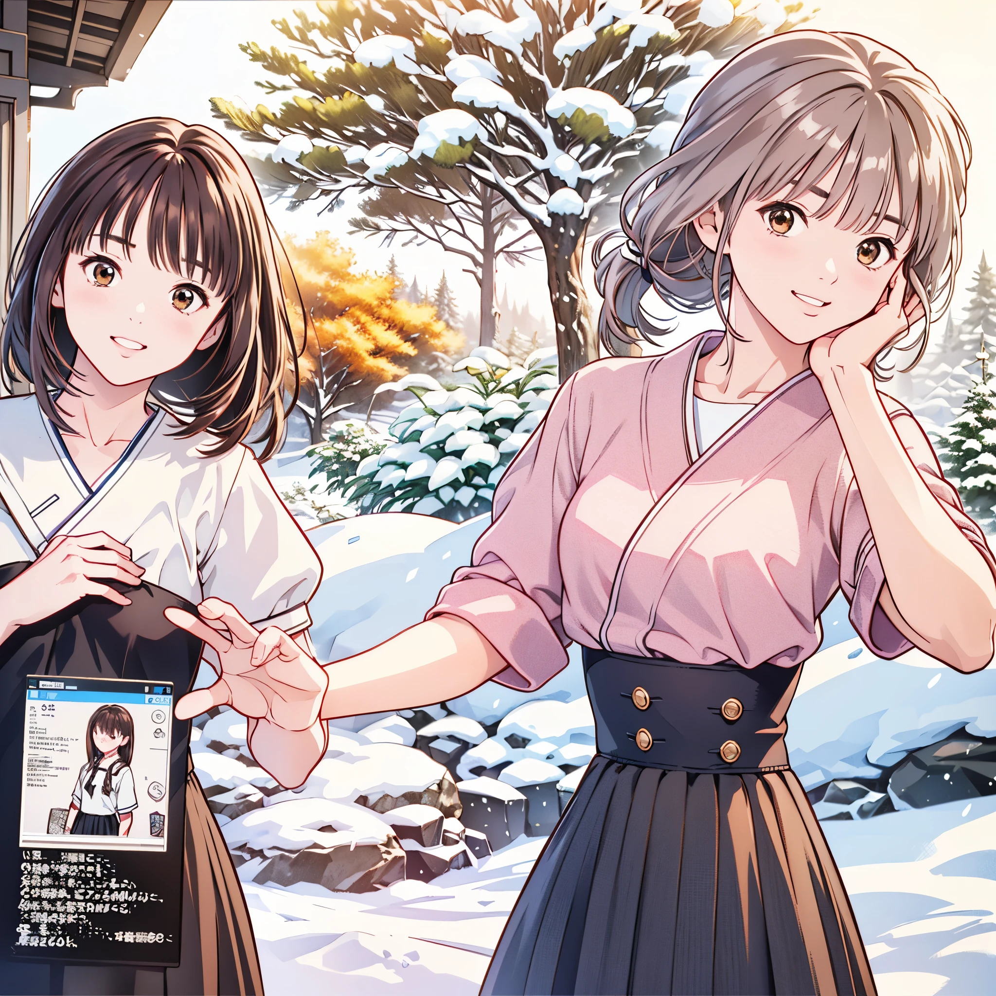 (8k、 top quality 、​masterpiece:1.2)、( realistic、 ultra-detailed、 super A high resolution、 2 girls in 2、(One person has silver hair 、一人はBrown Hair )、 beautiful detailed face、smile、narrow、( slim waist) :1.3)、Autumn Clothes、  、 skin texture、Floating Hair、  professional lighting 、Junior high school students服 人体全体、Brown Hair、Shy、Mikity、 romantic in the snow、((Junior high school students、、Ponytail、 idol poses))、