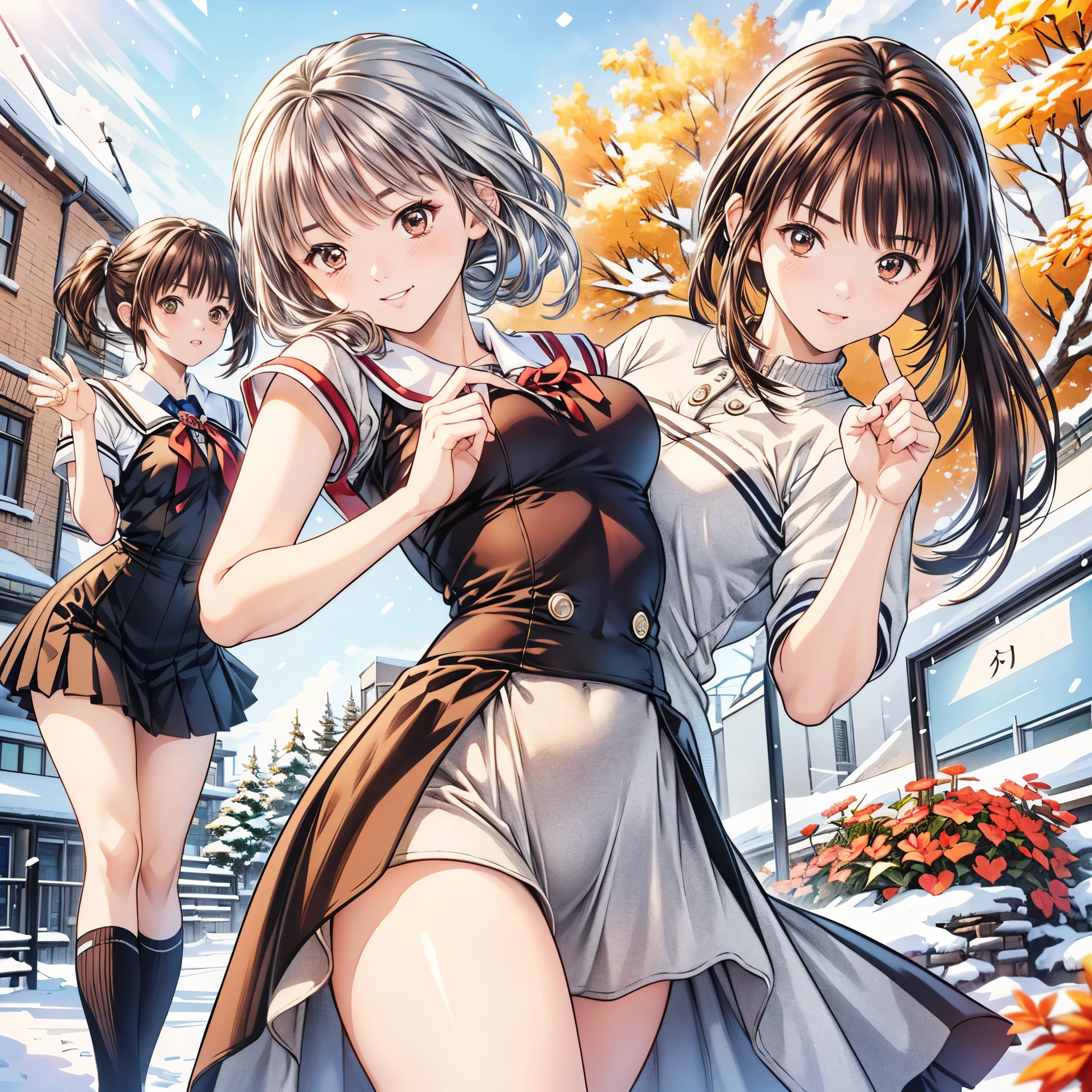 (8k、 top quality 、​masterpiece:1.2)、( realistic、 ultra-detailed、 super A high resolution、 2 girls in 2、(One person has silver hair 、一人はBrown Hair )、 beautiful detailed face、smile、narrow、( slim waist) :1.3)、Autumn Clothes、  、 skin texture、Floating Hair、  professional lighting  、****** high ***************服 人体全体、Brown Hair、Shy、Mikity、 romantic in the snow、((****** high ***************、、Ponytail、 idol poses))、