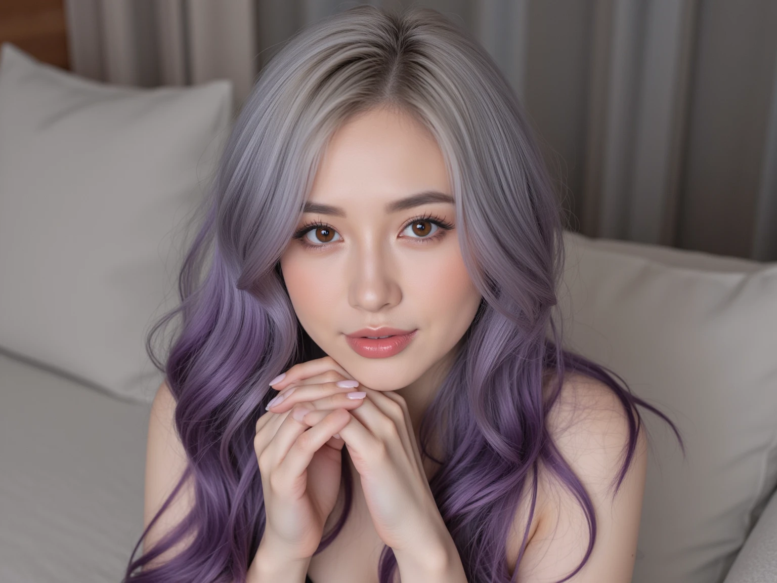 a beauty girl、Very small breasts、Her hair color is more white-purple than white.、Eyelashes are more white-purple than white、Cool 、Eye color is whiter purple than white、The bangs are straight and below the eyebrows.、bobhair、Eyebrows are whiter purple than white