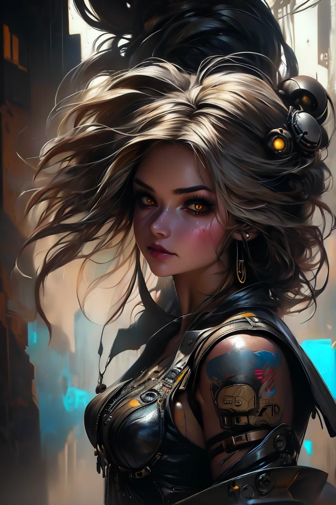 by WLOP, 1 Girl, Solo, Colorful, Yellow Eyes, Cyberpunk, Mechanical Scrap Zone, sur un roché couleur noir, Stud Earrings, Long Messy White Hair, Mechanical Hat, Mechanical Body, Robotic Arm, Mecha, Robot, Mechanical Maiden, Neon Lights, Beautiful Lights, Character Focus, CG Illustration, Bust Shot, 8k Resolution, Very Detailed, Anatomically Correct, Digital Painting, Concept Art, Clear Picture, full body