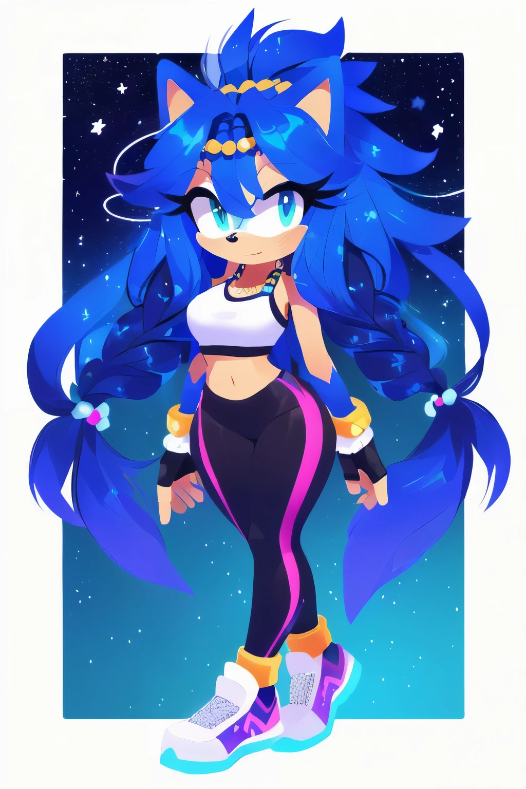 Sonic oc, Mobian, female, sonic the hedgehog but female, Cosmic hedgehog, A beautiful light blue hedgehog, purplish blue eyes, very long hair/quills, braided and beaded long hair bangs, long streaks of hair on each side of her face, (star constellation on hair, beads on hair, smooth fur, slim thick hourglass body, slim fit, wearing a gym outfit, sneakers, fingerless gloves, beaded hair and rings on hair flowing hair, hair packed in a bun