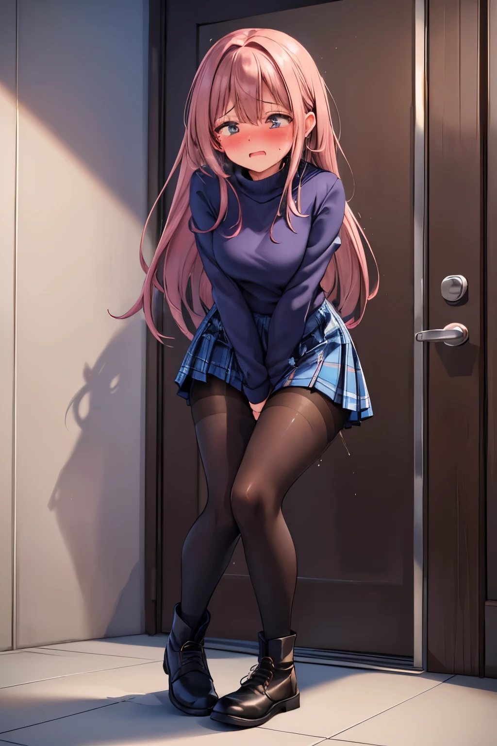 (8K, ultra-detailed, best quality, anatomically perfect figure, extremely detailed beautiful girl:2), (SIGMA 135 mm F/2.8, 1/20 sec shutter, award-winning photo), beautiful small breasts, shiny skin, (have to pee, shaking with the effort to hold pee), (Her desperate urge to pee had reached its limit), (very desperate to pee), (her bladder is at its limit:1.2), (Standing:1.3), (peeing self:0.1), (turtleneck shirt, plaid long skirt, tights, ankle boots:1.3), (Untidy hair:1.4), (She is frantically holding her crotch:1.8), (arch backward:1.6), (jiggled:1.8), (anxious foot hopping:1.3), (doing the pee-dance with a wiggly body, squirmy motions, fidgeting and twisting body:1.7), (wiggling her hips:1.2), (panting heavily), (orgasm), (full face blush:1.5), (embarrassment:1.6), (impatience:1.9), (flustered:1.5), breathless, (Humiliation), (turn her on), (closed eyes:0.9), (arousal), (lips almost closed), (unable to hold pee anymore desperate face:1.2), She needs to pee so badly she can not wait for the public restroom cubicle door to open, (ultra-detailed face:1.2), (from behind, from below:0.7), nsfw,