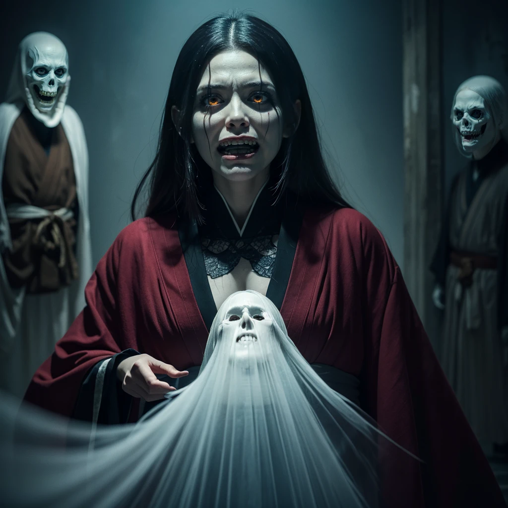 <lora:LCM&TurboMix XLå é LoRA_Rank1.fix:1>,A spectral bride with unsettling makeup sits solemnly inside a shadowy,ancient coffin,draped in a traditional Chinese bridal gown of deep,dark red hues. The surrounding room exudes a grim atmosphere,bathed in an ominous,dark crimson light that casts eerie shadows over faded,ornate patterns on the walls,enhancing the macabre and chilling ambience of the scene,a zombie girl,dead women,rotting on face,from front,blood on neck,