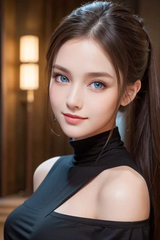 ((Top Quality, 8k, Masterpiece: 1.3)), Beautiful Girl, 1 Woman, Colossal: 1.3, Slender Figure: 1.1, Toned Abs, Happy Smile, Dark Brown Hair, Maid Clothes, Ultra Detailed Face, Detailed Lips, Detailed Eyes, Double Eyelids, Kneeling, Blonde, Blue Eyes