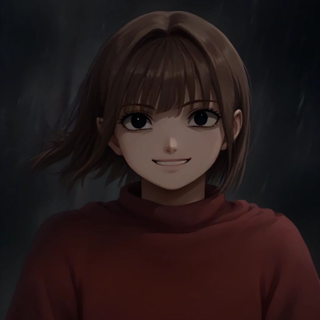 Fujifilm, UHD, masterpiece, textured skin, high details, best quality, highres, 8k, 16k  ((((brown hair long hair bob cut   hair style   black eyes   no pupils  ))))   score_9, score_8_up, score_7_up,  (1child)  kyoukai  cowl   (((((Seras Ashrain ))))) (((((evil smile))))) teeth 