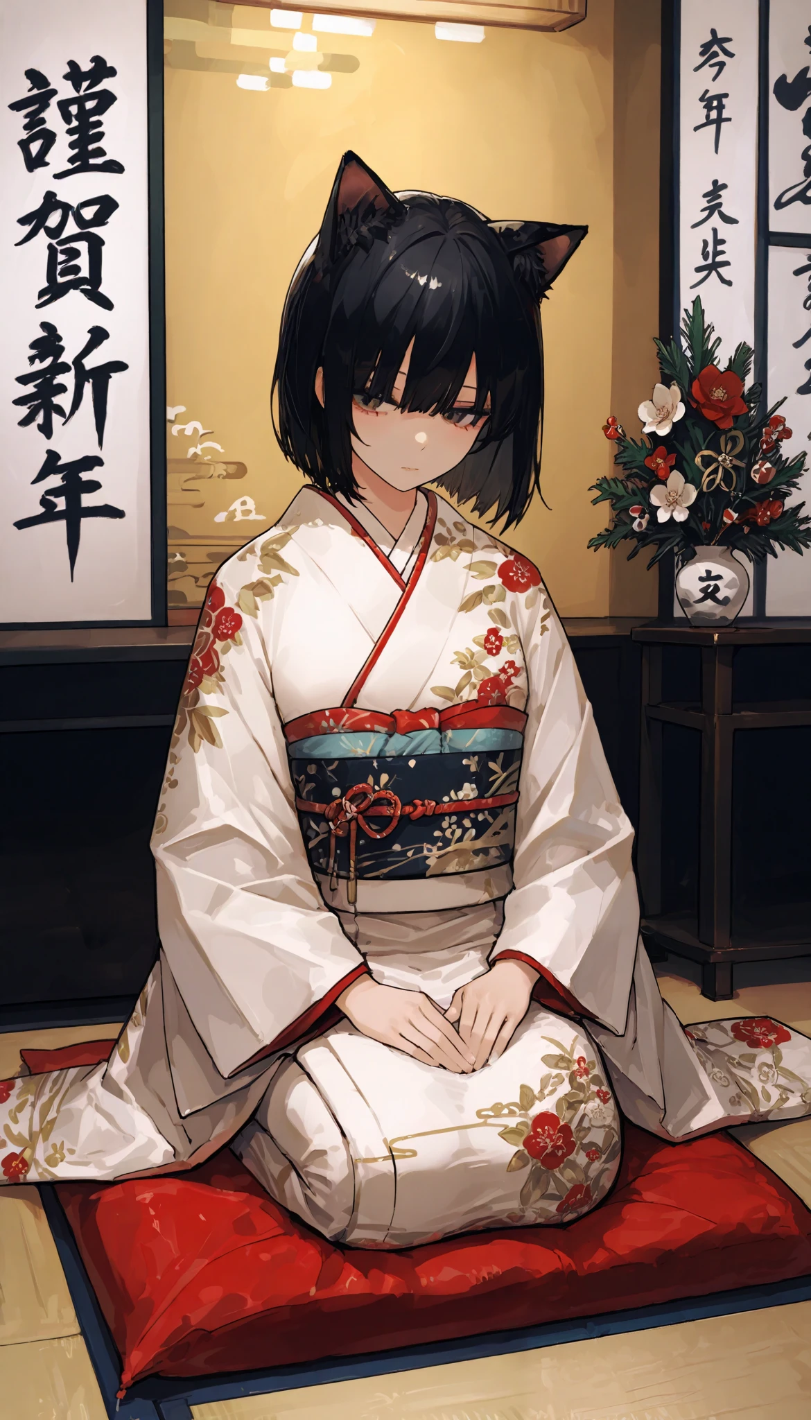 (8k, top quality , masterpiece, Ultra Fine: 1.2),kimono,Japanese-style room, Similarly , full body, Cat ears, seiza, New Year's pine decoration, black hair, Medium Cut, Start writing