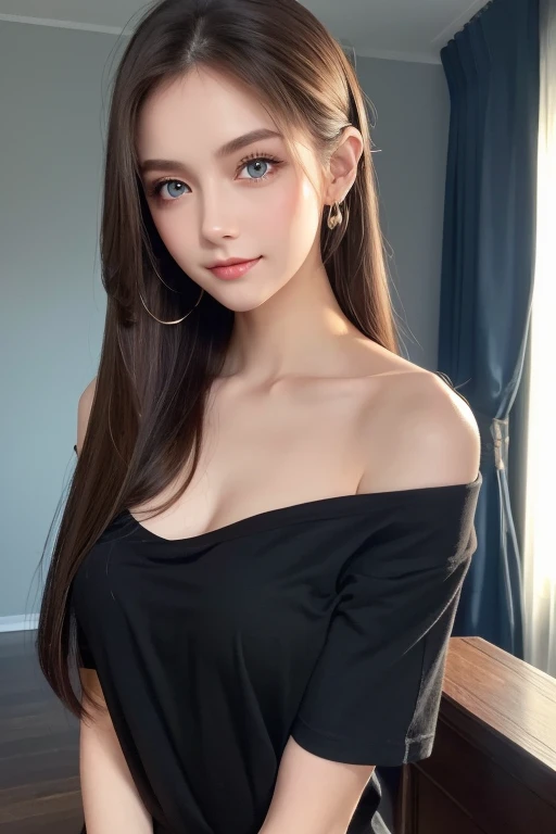 ( top quality ), (masterpiece), ( high res), ( detailed information:0.2),(  professional lighting ), room,  detailed background ,  Oversized Black T Shirt ,  Off Shoulder , (Previous View),  1 girl, Alone, ( beautiful faces:1.40),   slender body ,  fine skin, smile, long ponytail brown hair, Sky Blue Eyes, (Medium sized beast:1.10),  view in viewer ,  