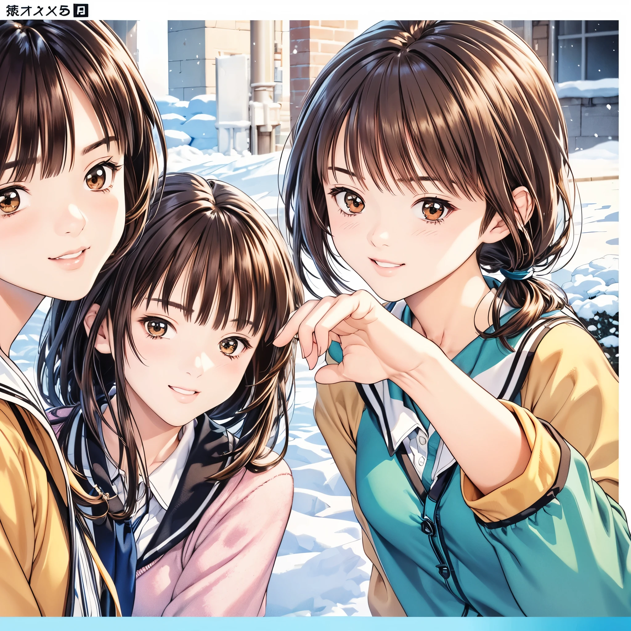 (8k、 top quality 、​masterpiece:1.2)、( realistic、 ultra-detailed、 super A high resolution、 2 girls in 2、(One person has silver hair 、一人はBrown Hair )、 beautiful detailed face、smile、narrow、( slim waist) :1.3)、Autumn Clothes、  、 skin texture、Floating Hair、  professional lighting  、****** high ***************服 人体全体、Brown Hair、Shy、Mikity、 romantic in the snow、((****** high ***************、、Ponytail、 idol poses))、