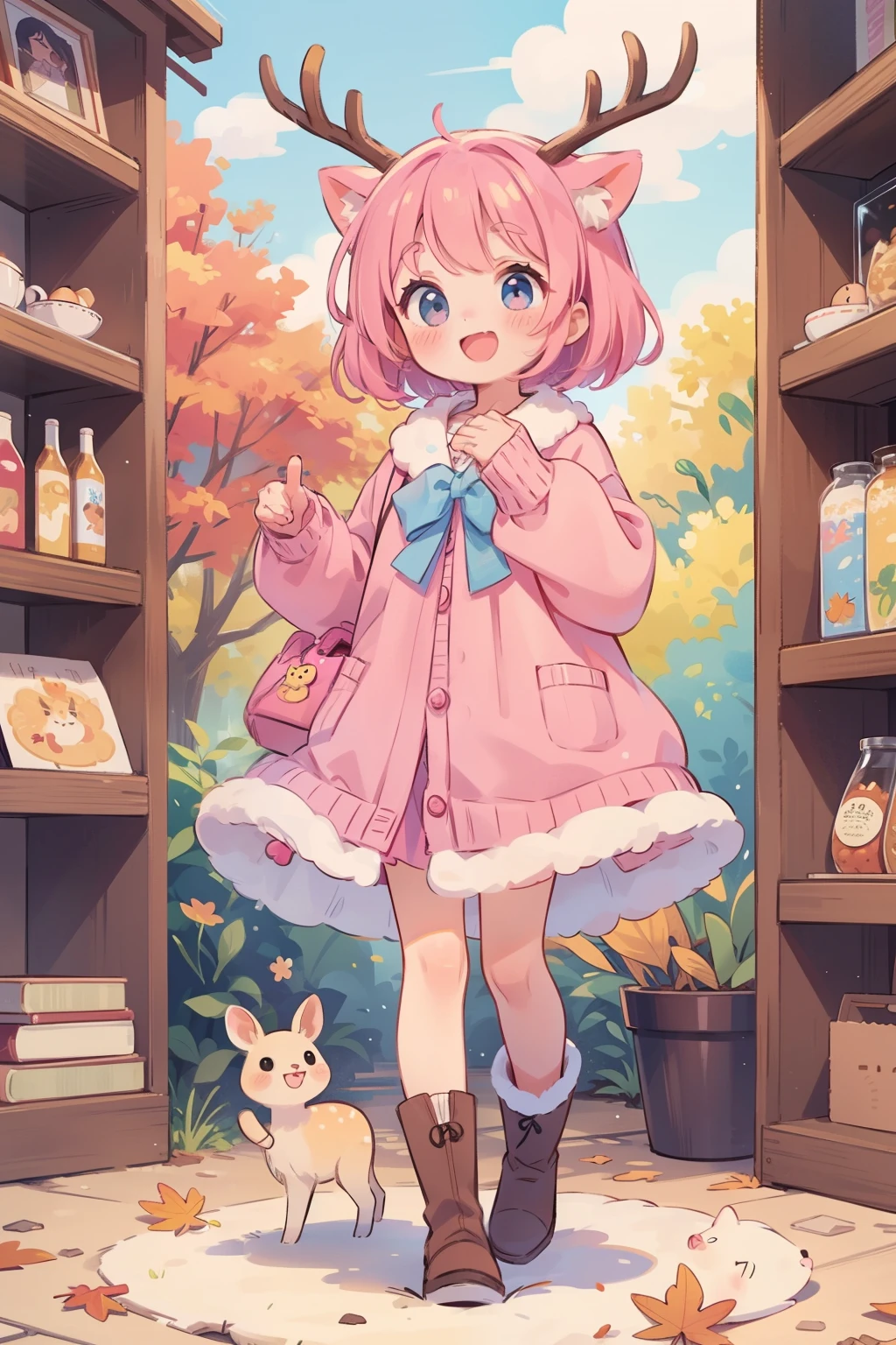 (  top quality ,   nothing ,  super detailed ),   very young girl ，deer，ピンクの  fluffy hair \(\),   pink hair,   fluffy hair ,    thick eyebrows， pink dress   ,    sky blue cardigan  ,   brown boots  ， deerの角，Autumn in Nara City，   faces standing on the floor ，smile，deerせんべい:1.2，   dynamic poses in a crowded store， fall foliage， playful gesture，
