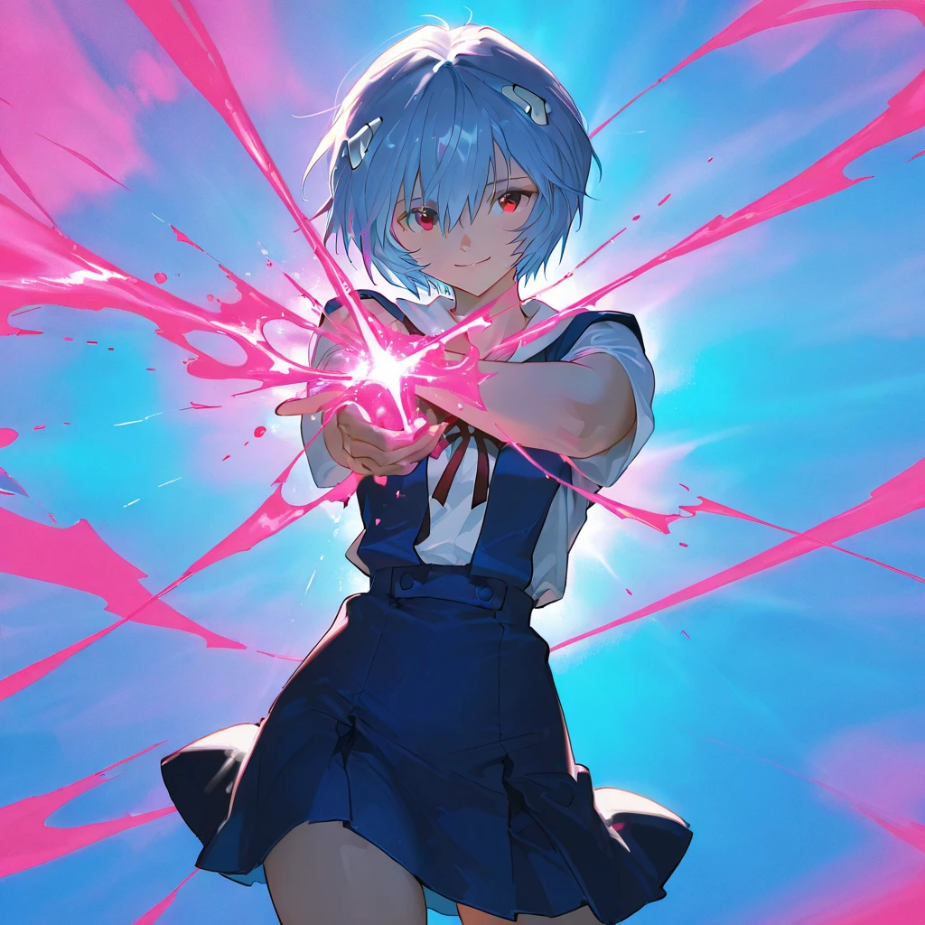    top quality ,    masterpiece,       super high res,      detailed background   ,      absurd,    Perfect Anatomy,      performance  ,    good lighting   ,   Shadow of the Movie,      1 girl, Alone,     Neon Genesis Evangelion:    new movie version   、    Rei Ayanami、 blue hair、 short hair、 red eyes、 blue uniform、 high school uniform 、 cute smile inside the Kyoden、   cowboy shot、pop color background  、   spray art