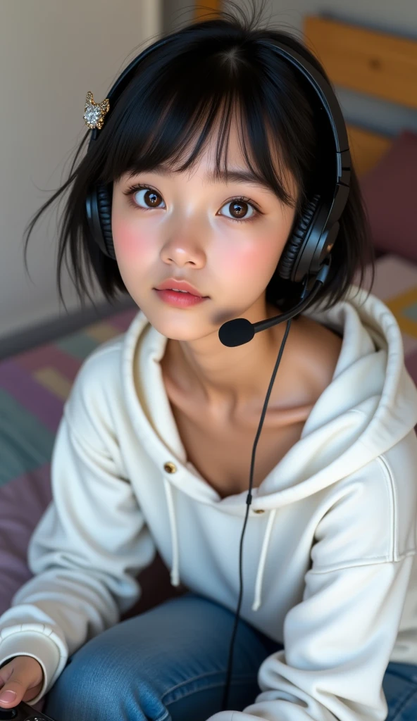  live action、Genuine、 upper body、Alone、 Tanned Japanese Girls、 high school girl、 very tanned skin 、 beautiful pink lips、 shiny, Thick lips、 black hair、 big eyes、 short hair、 The left side of her bangs is secured with a silver hairpin, Exposing the forehead、white hoodie with denim pants 、Lean in with a game controller in your hand and look up、wireless headset earbuds microphone、 emphasizes breasts、smile、 girl's room