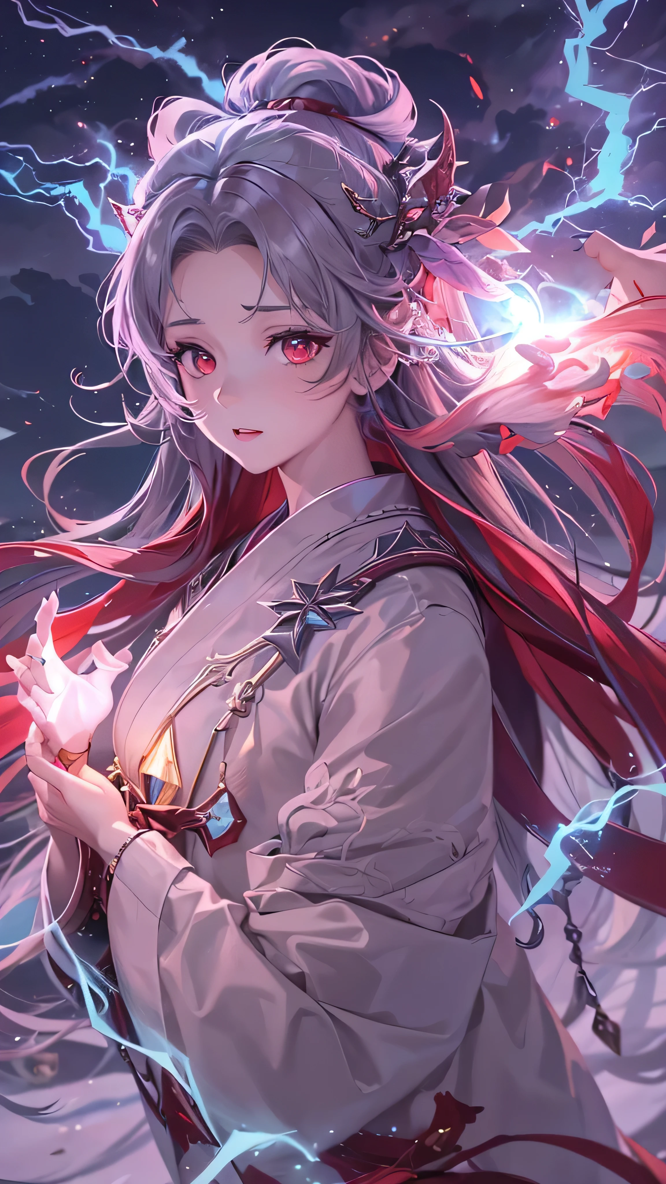 in high-definition images,( flat color:1.3),( colorful :1.3),(masterpiece:1.2), top quality , original , extremely detailed wallpaper, viewers because it's Shiragane in the middle of winter, full body shot of a girl harboring lightning , full outfit wearing a long blue robe, very detailed, extremely detailed, red eyes, electricity , Red Moon , A twinkling ray of light , cinematic lighting, mat, stone, milky quartz , opalite , Intense Lightning、Fog, electricity 火花, lens flare, rim lighting , backlit, Bracelet , Color Difference