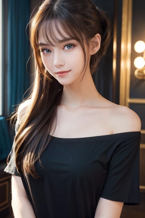 ( top quality ), (masterpiece), ( high res), ( detailed information:0.2),(  professional lighting ), room,  detailed background ,  Oversized Black T Shirt ,  Off Shoulder , (Previous View),  1 girl, Alone, ( beautiful faces:1.40),   slender body ,  fine skin, smile, long ponytail brown hair, Sky Blue Eyes, (Medium sized beast:1.10),  view in viewer ,  