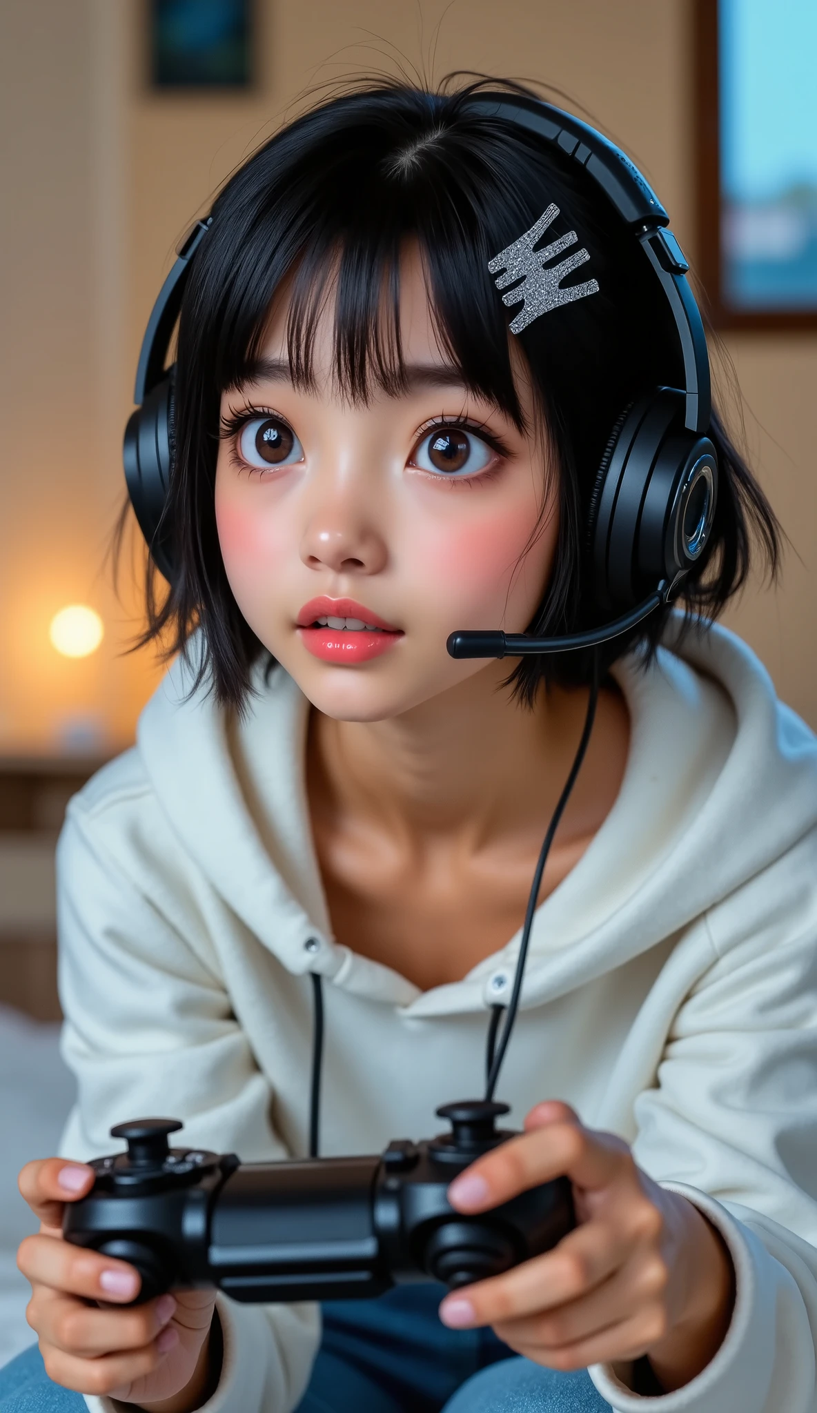  live action、Genuine、 upper body、Alone、 Tanned Japanese Girls、 high school girl、 very tanned skin 、 beautiful pink lips、 shiny, Thick lips、 black hair、 big eyes、 short hair、 The left side of her bangs is secured with a silver hairpin, Exposing the forehead、white hoodie with denim pants 、Lean in with a game controller in your hand and look up、wireless headset earbuds microphone、 emphasizes breasts、smile、 girl's room