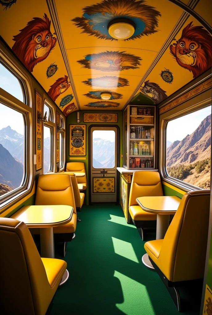   A realistic detailed photo of a train car  ,   the wagon has a cute green carpet  ,   the painting of the car is yellow with images of animals from the movie The Lion King  ,  Just like the roof of this  ,In the car there is a snack bar with 10 beautiful tables and chairs decorated in plush ,  The glass windows where you can see the mountains  ,   everything in the decoration refers to the movie The Lion King  ,   where there is also a refrigerator and a beautiful counter with various delicacies  