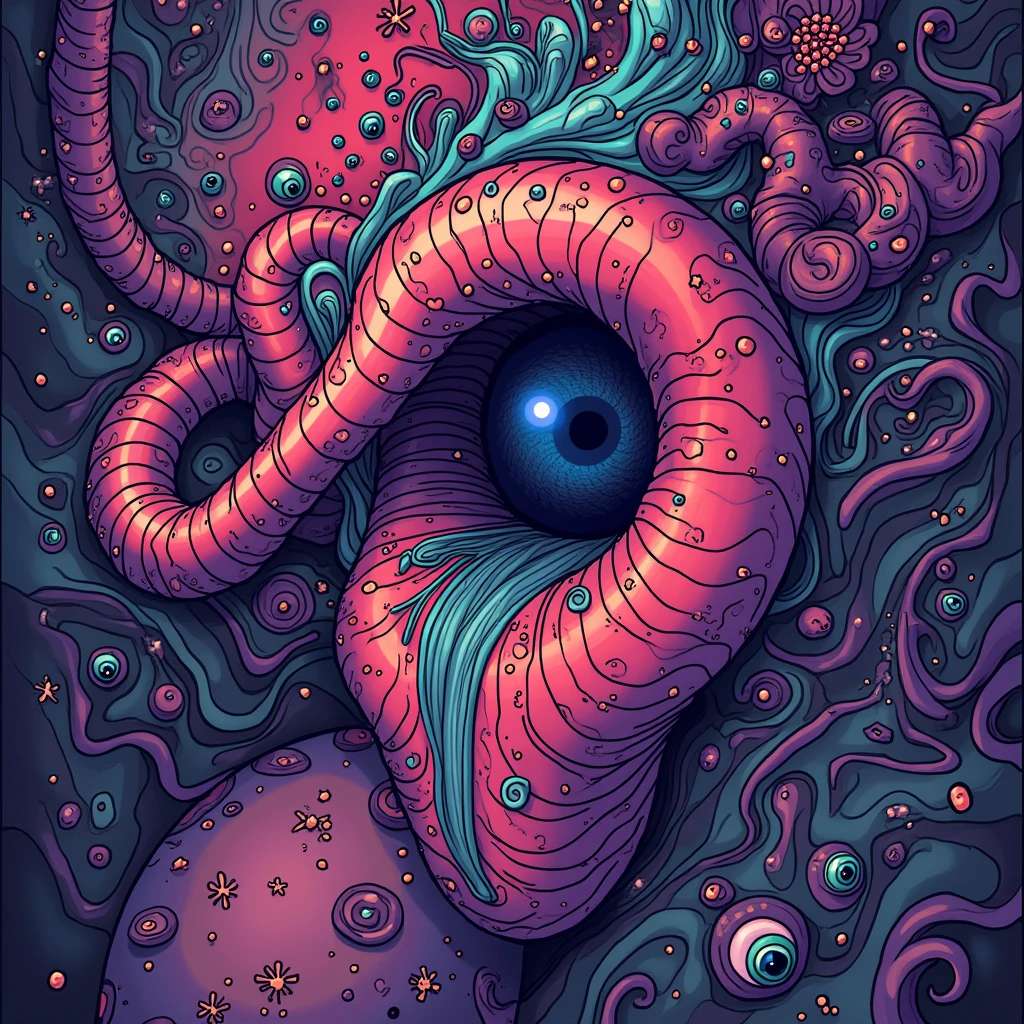 &quot;Dick Ellescas Artist Style&quot; Monster，plant，flower，Tentacles，Eye、Starry Sky，Stitching together an abstract painting，Describing the inner world of autistic people，Sense of space，White Space，interesting，Innocence，Psychedelic Art，Pink theme