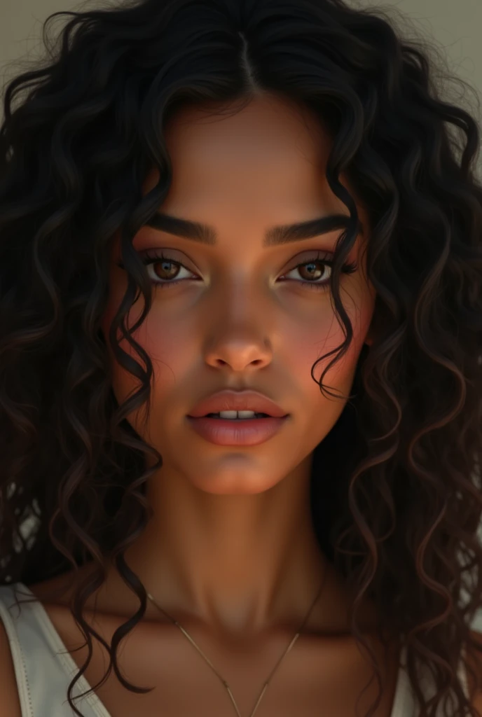 Image of a Brazilian woman, black, curly hair best quality, ultra high resolution, (photorealistic: 1.4), high resolution, detailed, raw photo, sharp resolution, by lee jeffries nikon d850 film photography 4 camera kodak portra 400 lens f1.6 rich colors hyper realistic texture dramatic lighting unrealengine trend in artstation cinestill 800, photorealistic, photo, masterpiece, realistic, realism,  photorealism, high contrast, photorealistic digital art trend on Artstation 8k HD high definition detailed realistic, detailed, skin texture, hyperdetailed, realistic skin texture, armor