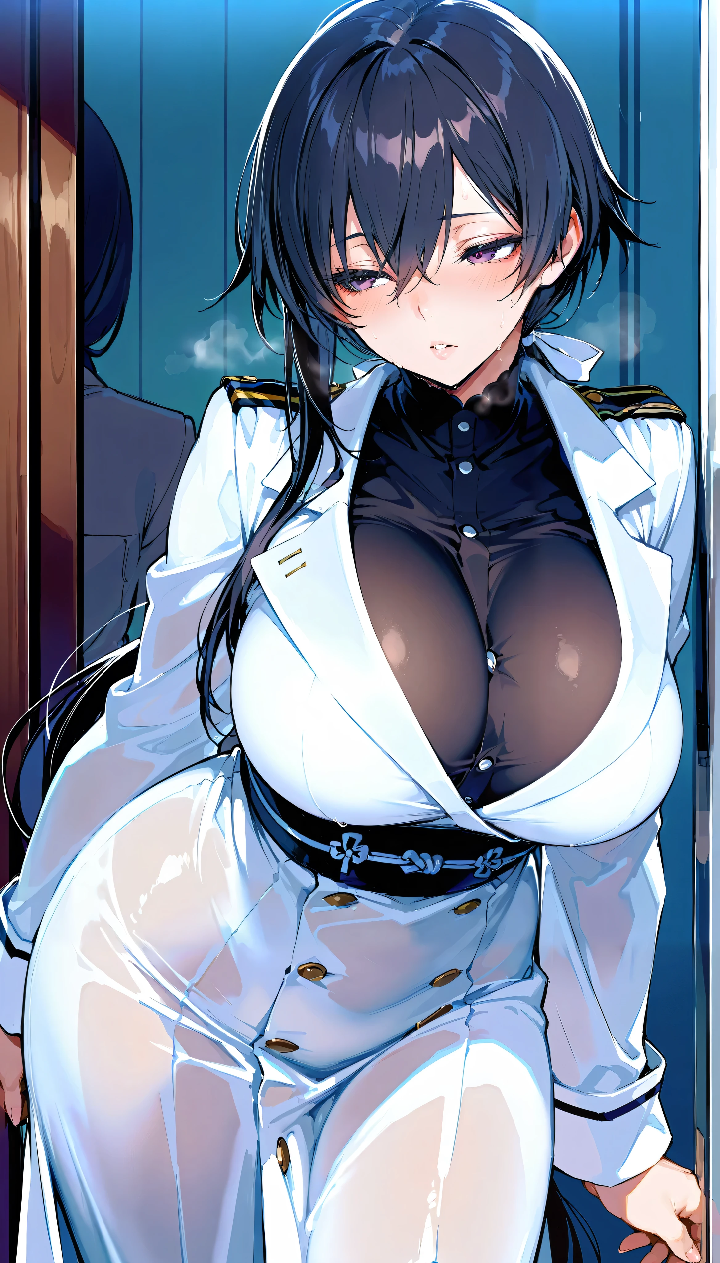 Black hair, straight and long,low ponytail、 slanted eyes, big breasts, white coat, clothes transparent, Japanese princess,onmyouji (( (High resolution) )), ((((masterpiece)))), 