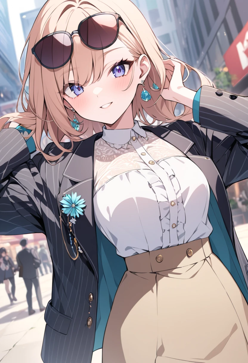 masterpiece, best quality, yorigami jo'on,1girl,top hat,hat bow,red bow,hair bow,brown hair, sunglasses,eyewear on head,drill hair,orange eyes,earrings,gem, jewelry, bow, ring,pendant,necklace,buckle, white shirt, purple coat, breasts, large breasts, D cup, outside, the city, daytime, happy, flirty, golden cellphone, holding cellphone, nail polish, golden nails, handbag, holding handbag