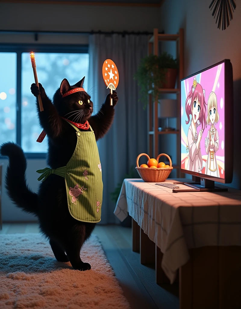 ultra-realistic, photorealistic, dramatic scene, shadow, global-illumination, the human-like giant black cat\(wearing a vertical striped green apron, black cat, dancing at the side of the low table that covered by a heavy blanket, watching TV and dancing identical to the idol on TV, raising a hand, wearing Hachimaki, holding a star printed fan and a bright light stick\), there is a low table fully covered with a light colored checked thick blanket on the large carpet in the stylish Japanese apartment room, a TV and shelf are in the room, the tv displays\(anime, cute anime, detailed big circle eyes, extra long curly haired, smile, 5 girls each colored extra long curly hair of pink and blue and silver and blonde and black with bunny's ears, live performance of a cute young idol singer girl wearing a pastel colored dress, bunny's ears, happy smile, cute girls, singing on stage, spot lighting, dancing, raising a hand\), stylish furnishings, mandarin oranges in the basket is on the low table, in winter,