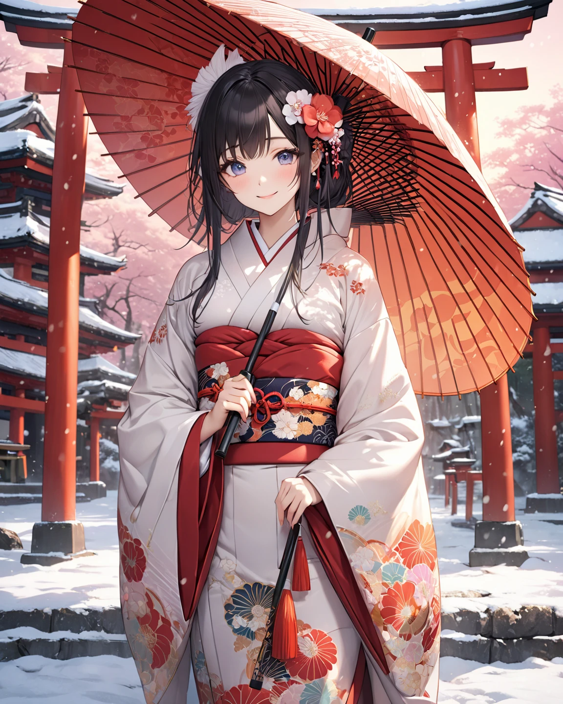 (Master masterpiece:1.3), Realistic epic、Cinematic lighting、absurderes, 超A high resolution, Highly detailed , 细致背景、Winters、snow cover、Plaster walls、gate、a street、the morning sun、Japan kimono、(stall:1.2)、1girl in、Red and white as the main colors