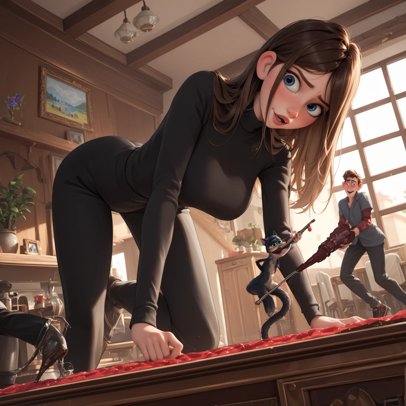 a beautiful girl with short red hair and red eyes, realistic, prostitute, wearing prostitute clothes, full body shot, wearing black clothes, in a room setting, lying down, smiling