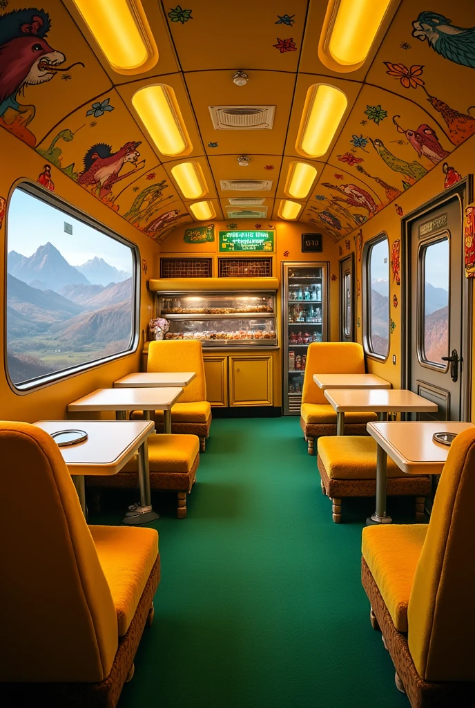   A realistic detailed photo of a train car  ,   the wagon has a cute green carpet  ,   the painting of the car is yellow with images of animals from the movie The Lion King  ,  Just like the roof of this  , car there is a snack bar with 10 beautiful tables and chairs decorated in plush fabric ,  The glass windows where you can see the mountains  ,   everything in the decoration refers to the movie The Lion King  ,   where there is also a refrigerator and a beautiful counter with various delicacies  , I want the ceiling with small images of wild animals from the movie Lion King , 