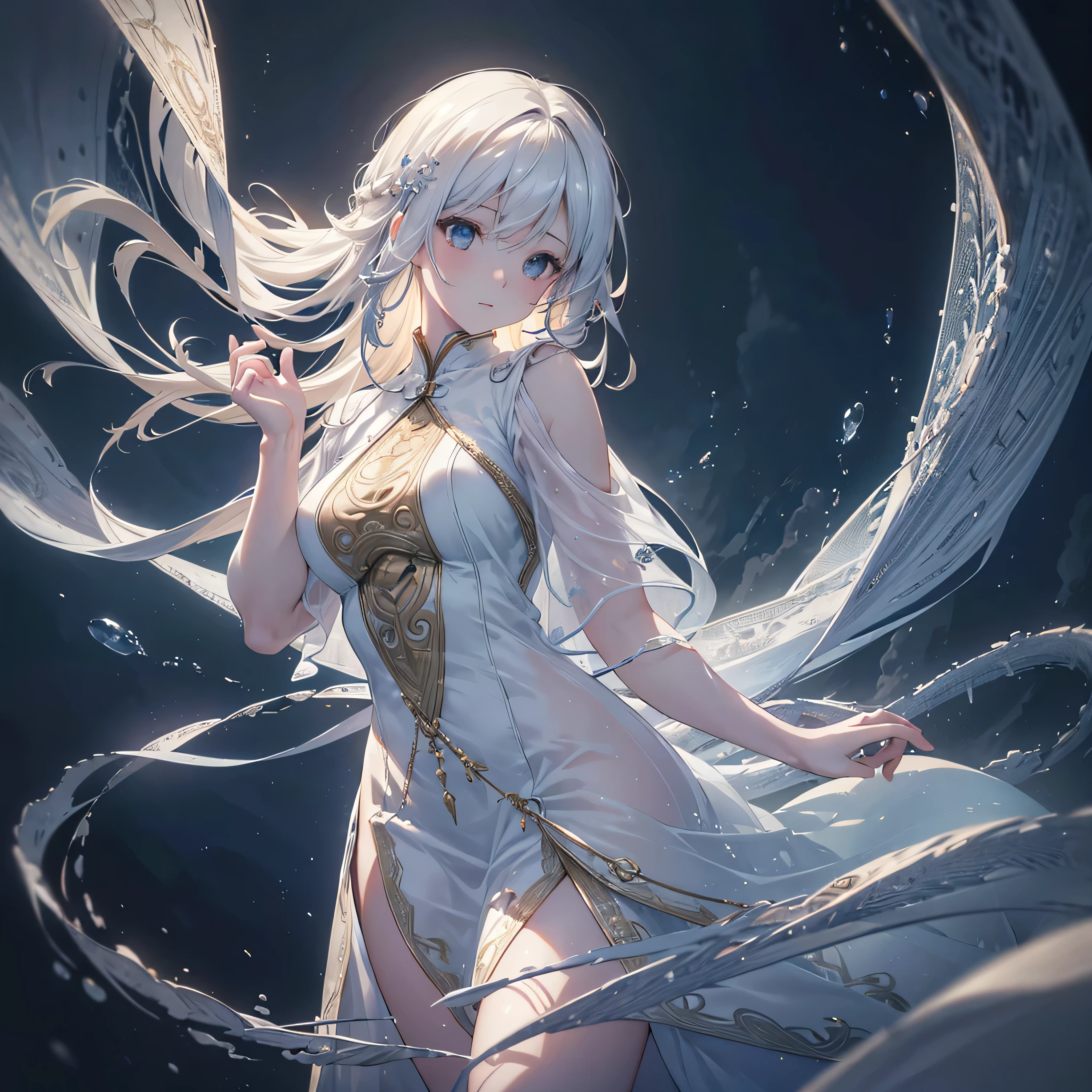 (ultra anime), (figure), (High resolution), (8k), (very detailed), (Best figure), (detailed and beautiful eyes), (highest quality), (Super detailed), (masterpiece), (wallpaper), (detailed face), alone, (dynamic pose), one girl, white wavy hair on the bed, loss of clothes, Japanese, iris colored eyes, (((very thin, small short nightdresedium breasts, long legs, best leg comfort, (no panties), (No bra)  、beautiful anime