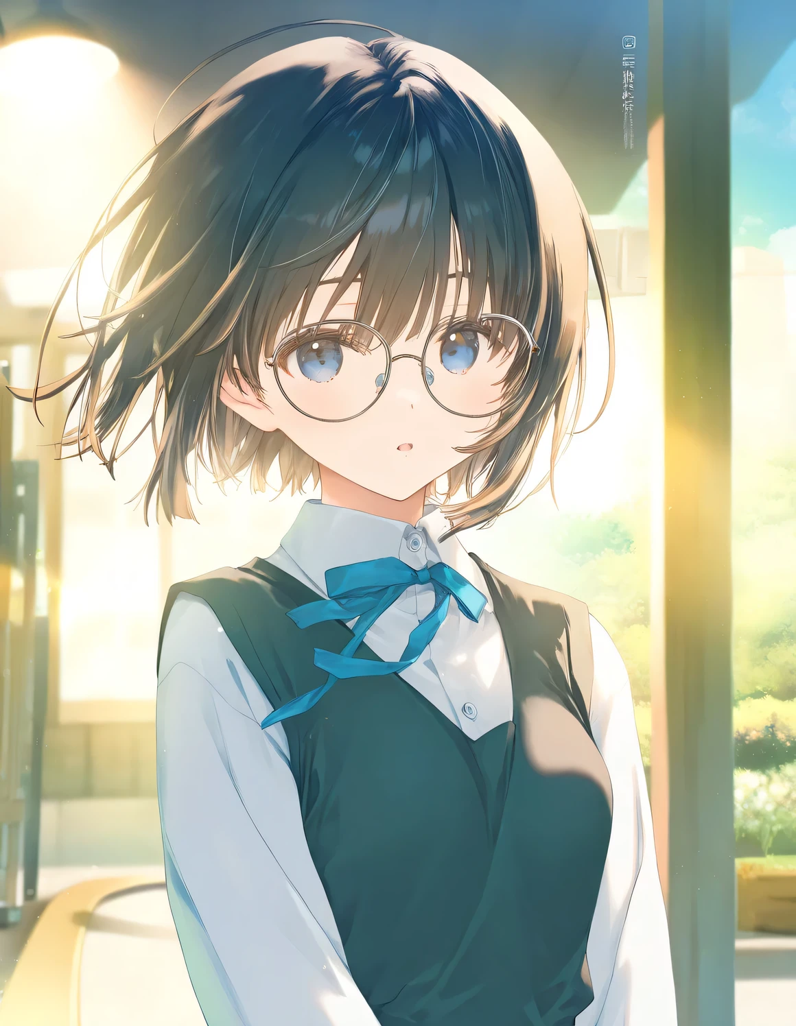 1girl, ******, ****** female, black hair, short hair, glasses, small breasts, beautiful detailed eyes,open mouth, expressionless, outdoors,wind,fantasy, game CG, break,(artist:mitsumi_misato),artist:fujiyama,artist:kokonoka, break,(masterpiece), (best quality), (ultra-detailed),(Detailed Lighting), very aesthetic, newest, beauty illustration,super detailed skin, (masterpiece), (best quality), (ultra-detailed), very aesthetic lighting,newest ,hi res,absurd_res,shiny skin,2023, shaded,digital media (artwork), realistic lighting, 16k, 8k,highres, source_anime, official_art, photoshop_(medium)