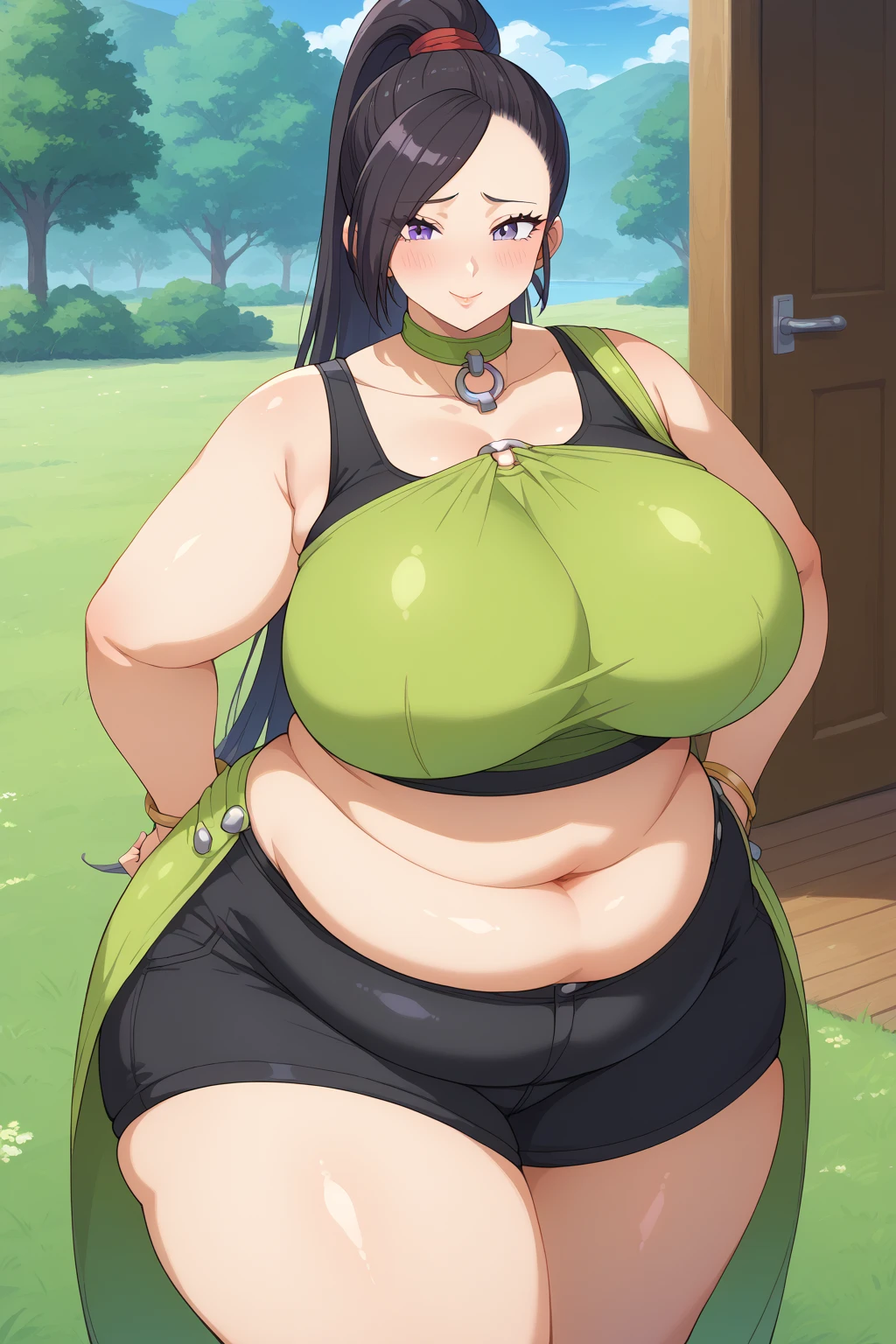 dragon_Quest martina , Martina、 long hair、 ponytail、 purple eyes、 black hair、 shoulder out、 ((( Yellow-green Crop Top、 Yellow-green Choker , black tank top,black short spats ))),Exposed Navel , Bare Thighs ,milf, obese の中年女性, embarrassing expression , troubled expression,((Outdoor,grassland)),((Weight 200kg)), score_9,  score_8_ up、 score_7_ up、 score_6_ up、 score_5_ up、 score_4_ up、 masterpieces at the front door of the house、 top quality 、 very aesthetic、 absurd,、 Source_Anime‎ screencap, one woman、Alone、 personal 、Long Hair,Super huge breasts, ((( super huge clevis, Super huge, Super huge boob))), Curvy、 wide hips、Fat body、 chubby、 obese ,