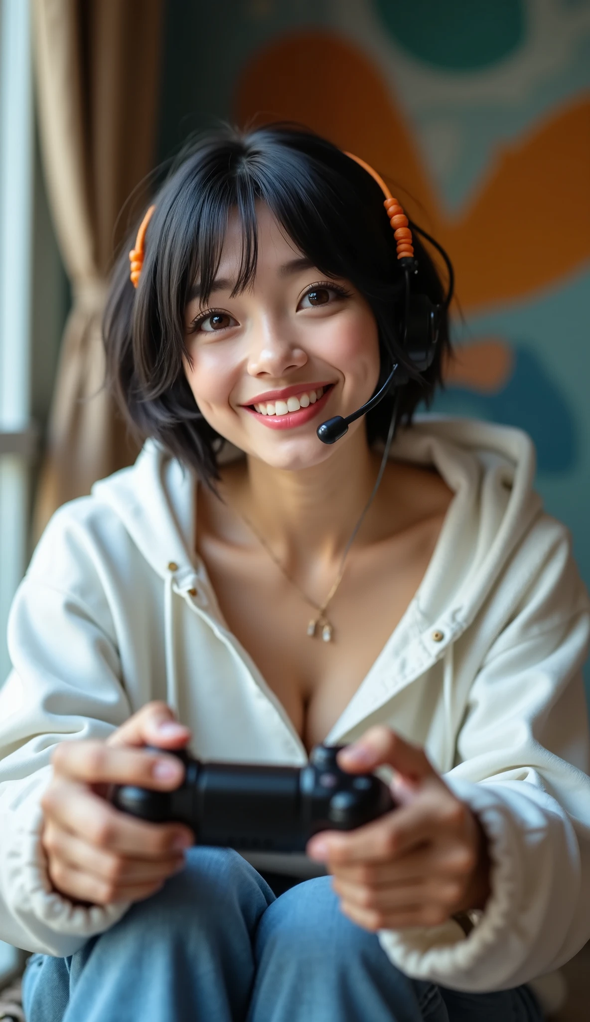  live action、Genuine、 upper body、Alone、 Tanned Japanese Girls、 high school girl、 very tanned skin 、 beautiful pink lips、 shiny, Thick lips、 black hair、 big eyes、 short hair、The left side of her bangs is secured with an orange hairpin、white hoodie with denim pants 、Lean in with a game controller in your hand and look up、wireless headset earbuds microphone、 emphasizes breasts、smile、 girl's room