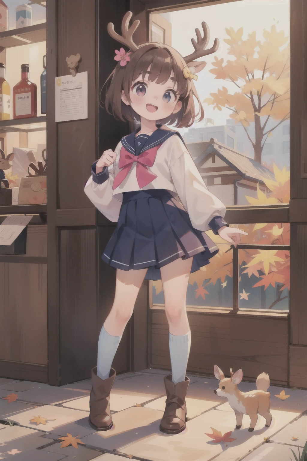 (  top quality ,   nothing ,  super detailed ),   very young girl ，deer，pink fluffy hair \(\),  Brown Hair,   short bob cut ,   thick eyebrows， long sleeve sailor suit， pleated skirt， light blue ribbon， brown boots ，deerの角，Autumn in Nara City， faces standing on the floor，smile，deerせんべい:1.2， dynamic poses in a crowded store， fall foliage， playful gesture，
