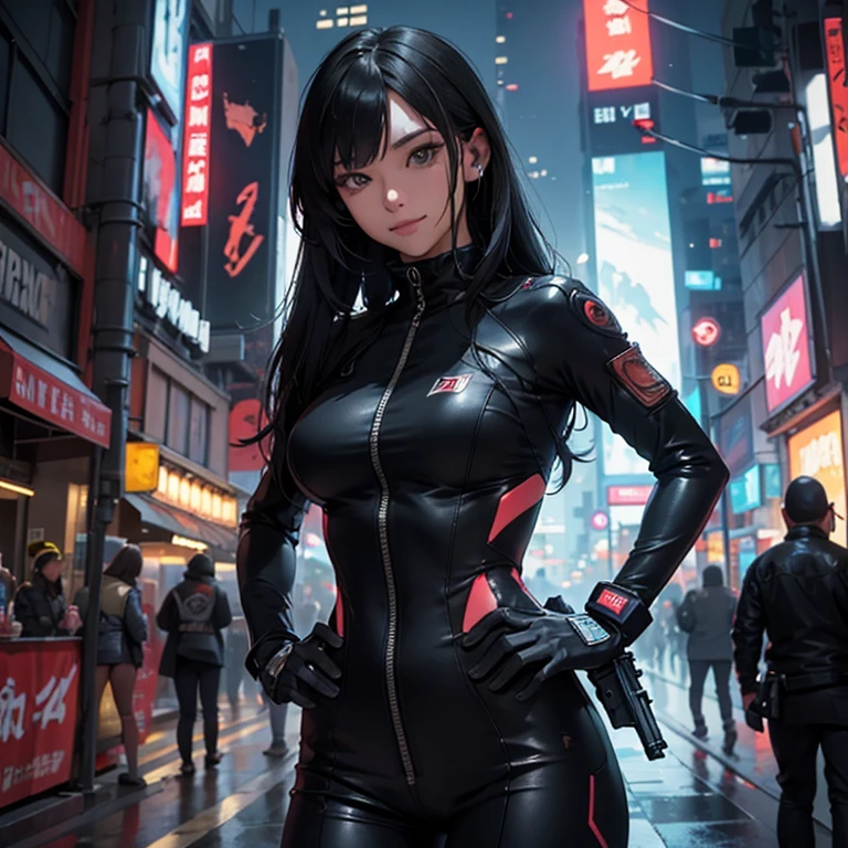 (cyberpunk world war 3), (RAW photo), (Realistic), (photo-realistic), ultra high resolution, masterpiece, highest quality, perfect lighting, detailed lighting, dramatic shadow, ray tracing, one Japanese beautiful girl, ((solo:1.2)), Voluptuous body, cleavage, symmetrical eyes, (((beautiful detailed eyes))), chubby lips, red lips, Super high resolution perfect beautiful teeth, big tits, big ass, big thick thighs, long straight hair, black hair, earrings, half open mouth, smiling, looking at viewer, (cyberpunk combat suit:1.2), cyberpunk street, night, neon lights,