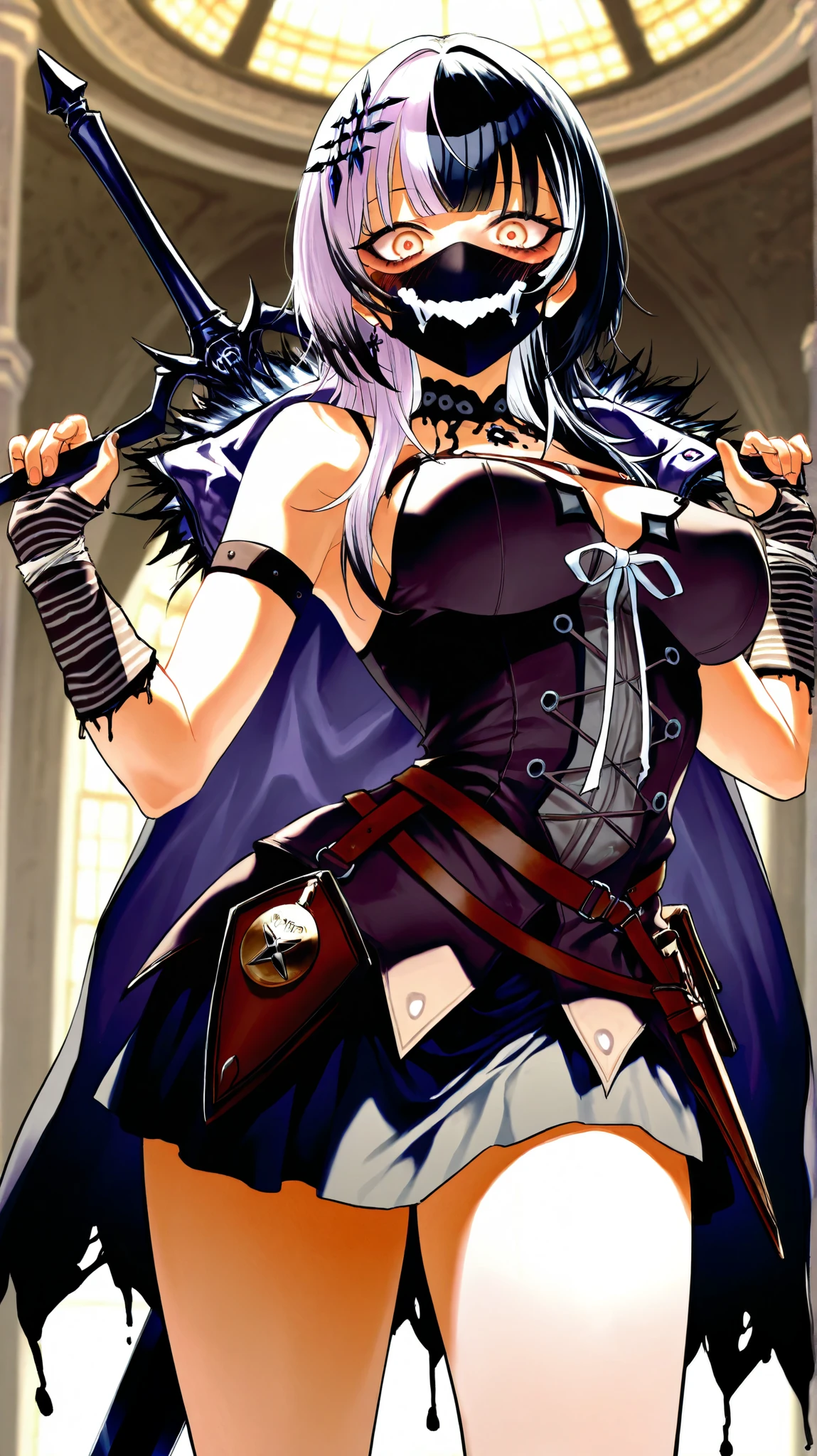 Female wearing tight gantz suit armor torn apart, black collar, corset, navel, abs, single braid, blonde, yellow glowing eyes, bright pupils, eye focus, red cape, temple indoors, stained glass windows, night, moonlight, particles, light beam, chromatic aberration, (full body, whole body. 1solo (girl) slave fighter, loincloth standing, hands on hips full body, whole body, 1solo (girl). slave fighter, standing, hands on hips, choker, big belt, view from below, feet together, bracers, tiara)