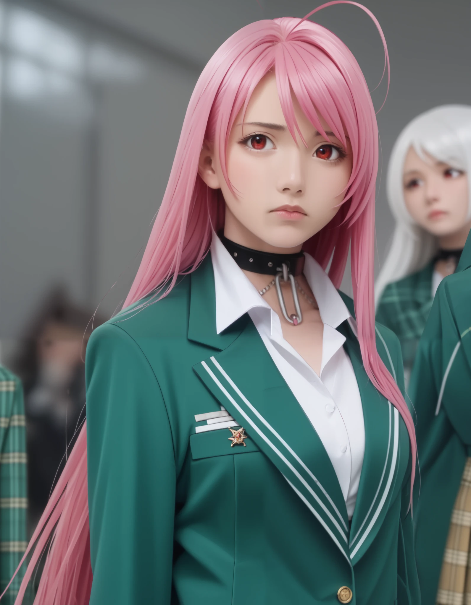 score_best, score_8_up, score_7_up, best quality, masterpiece, realistic, organic photo, vampire moka akashiya, long hair, red eyes, ahoge, white hair, large breasts,
skirt, shirt, school uniform, jacket, pink hair, choker, collar, plaid, plaid skirt, blazer, green blazer,