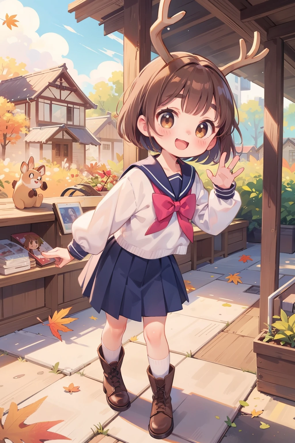 (  top quality ,  nothing ,  super detailed ), とても若い girl ，deer，pink fluffy hair \(\), Brown Hair,  short bob cut ,  thick eyebrows， long sleeve sailor suit， pleated skirt， light blue ribbon， brown boots ，deerの角，Autumn in Nara City， faces standing on the floor，smile，deerせんべい:1.2， dynamic poses in a crowded store， fall foliage， playful gesture， girl  &#39;Lure，
