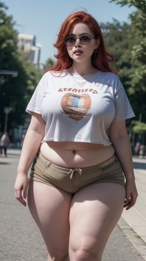 1girl in, age19, Solo, BREAK portrait photograph of girl Am0uranth, redhead, wavy red hair, shoulder length red hair, shy smile, pale skin, DD-cup, colossal tits, full breasts, (pokies: 1.18), hard nipple, fit body, (textured skin, skin pores:1.1), (moles:0.8), imperfect skin, goosebumps, hands behind, hands behind back, standing in a city park, Huston, blurry background Huston Texas, (wearing pink crop top:1.4), pink shirt, (wearing white short shorts:1.15), blue jean shorts, (extremely detailed 8k wallpaper), (natural lighting), high quality, film grain, Fujifilm XT3 sharp focus, f 5.6, 135mm, High Detail, Sharp focus, (outdoor light), crazy details, complex details, hyperdetailed, sexy full body, beer belly, big sagging breast, saggy breast, thick thighs, wide hips, big round ass , curvy body, plump body, huge big ass, thick body, curvy body type, voluptuous body type, busty body type, thick body type, big chest, big Huge pregnant belly 9 months,