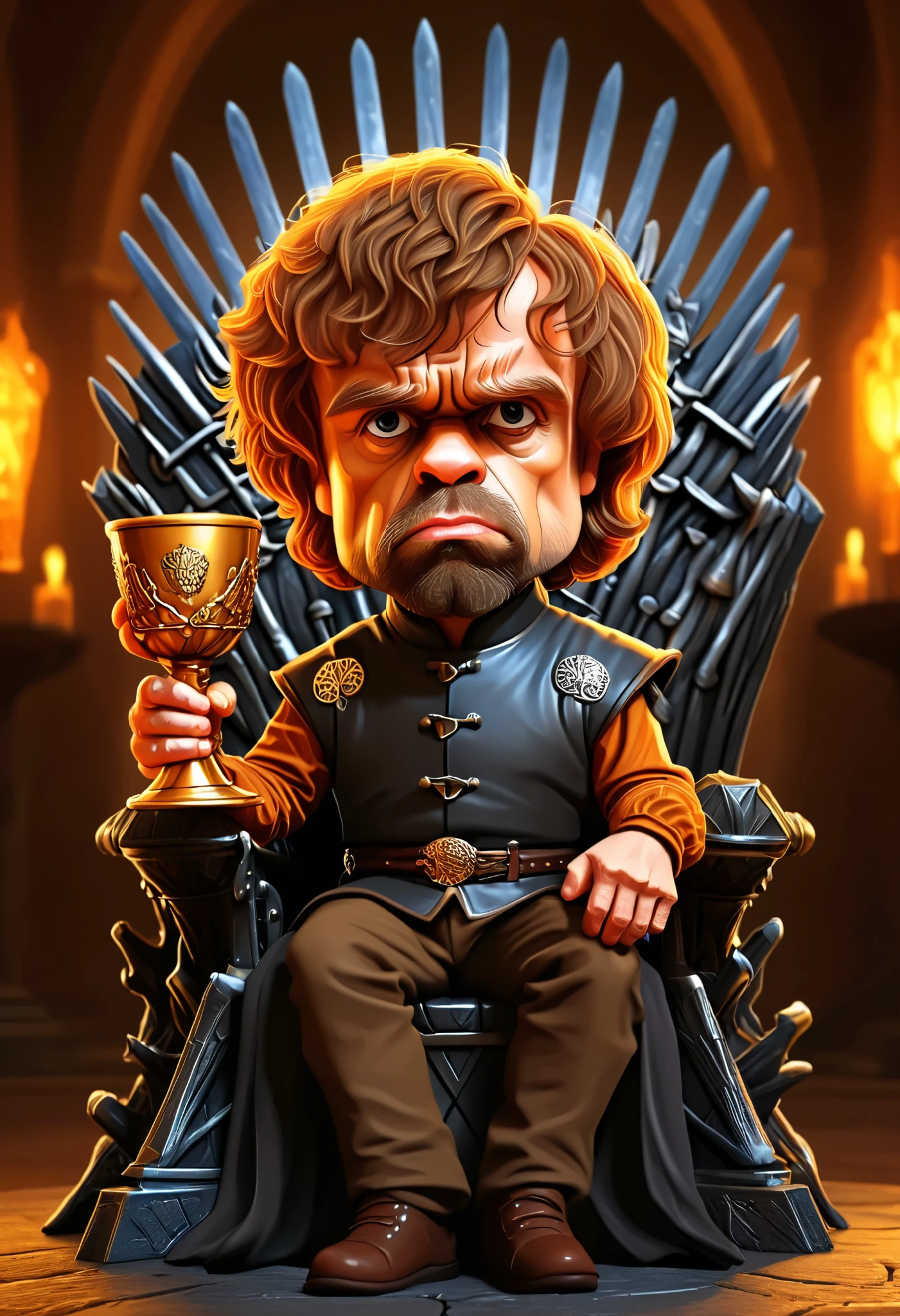 a cartoon caricature of Tyrion Lnnister, sitting on Iron Throne, drinking from a golden goblet, portrait, exaggerated features with a large nose and big eyes, realistic, detailed, glowing orange lighting, 4K.